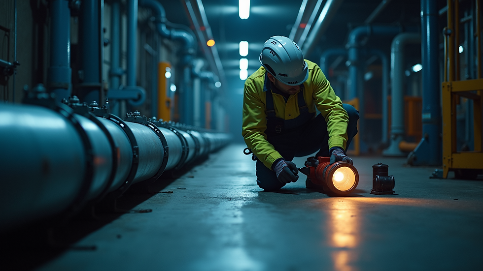 Eye-level view of technician inspecting PEX gas pipe with a flashlight