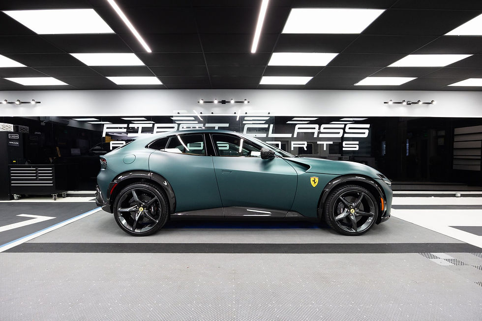 Side profile of a Ferrari Purosangue in satin green Stealth PPF with gloss carbon trim, South Miami