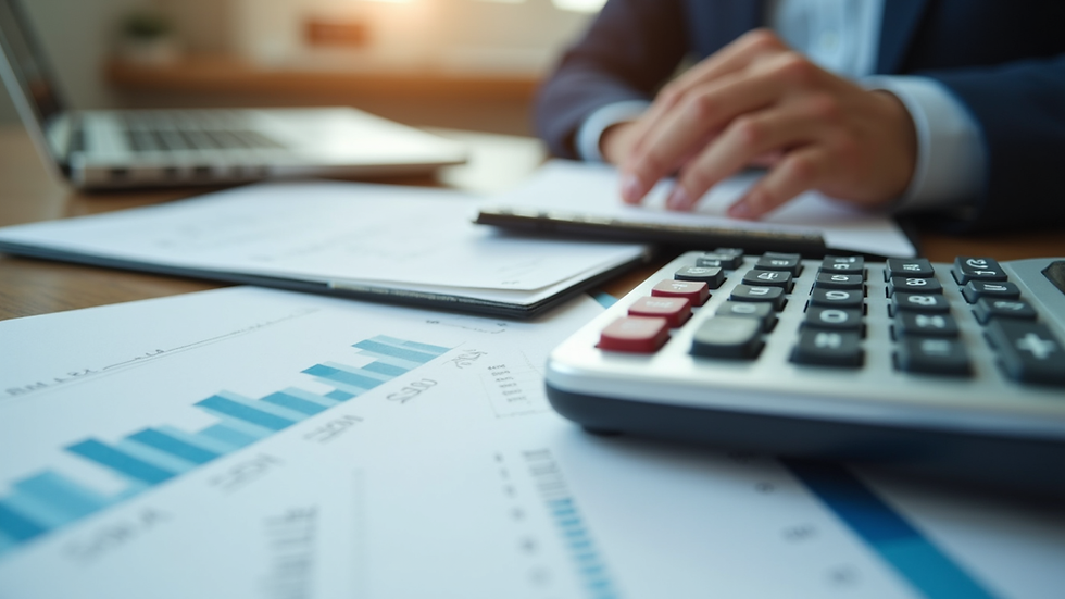 Close-up view of a calculator and financial documents on a desk