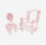 An outline illustration of an armchair to the right and to the left a table with a vase with a flower on it