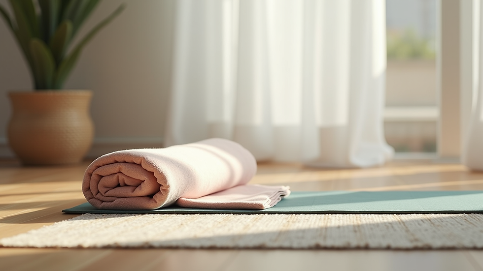 Eye-level view of a yoga mat with a folded blanket and bolster in a calm room