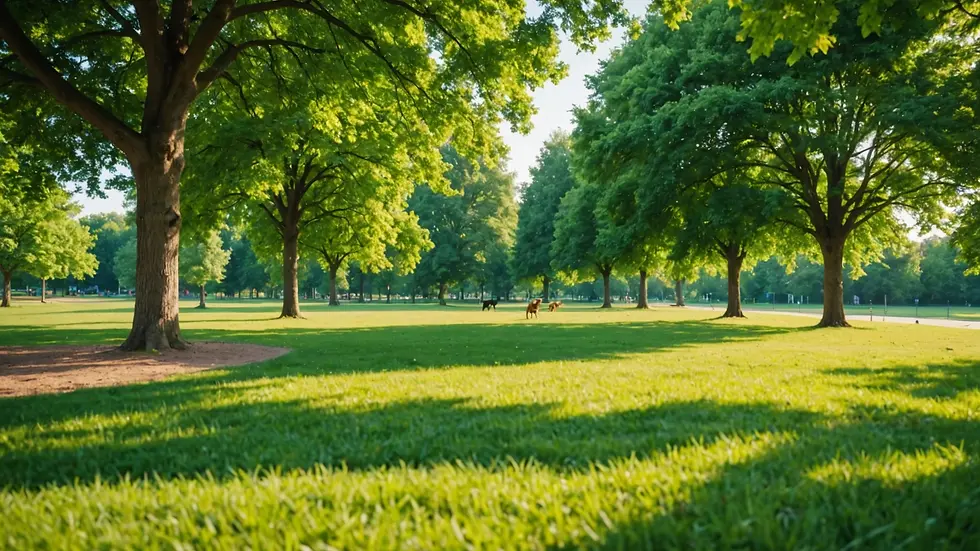 Wide angle view of a dog-friendly park with green grass and trees