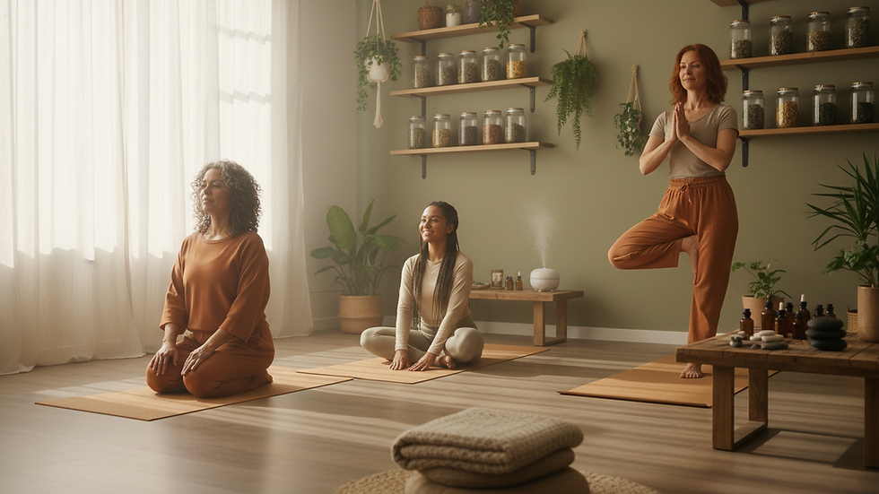 Eye-level view of a peaceful yoga studio with soft natural light