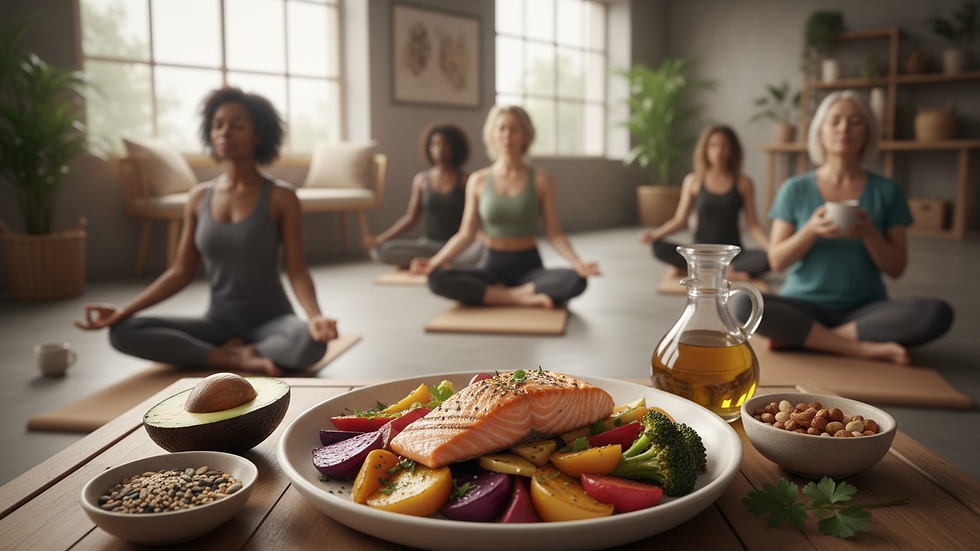Close-up view of a balanced meal with colorful vegetables and healthy fats