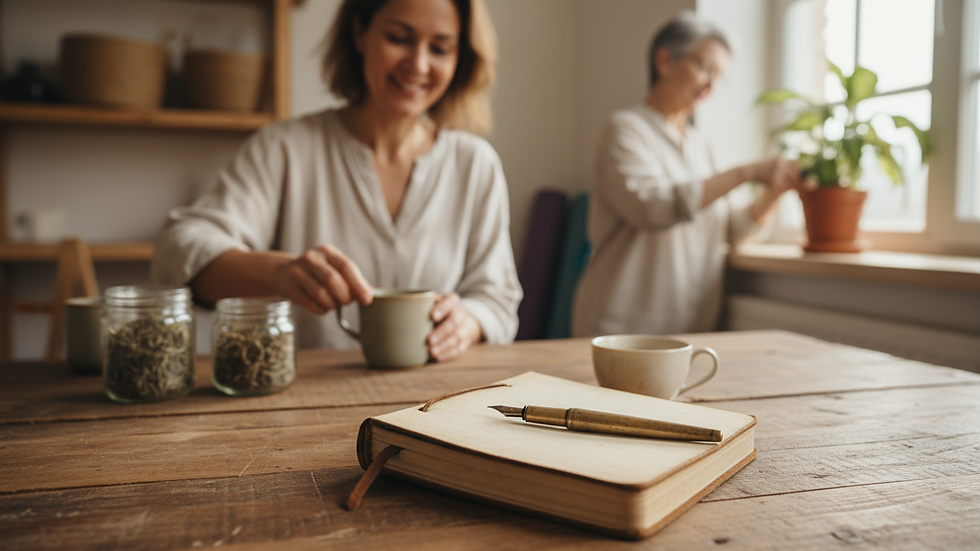 Close-up view of a journal and pen on a wooden table