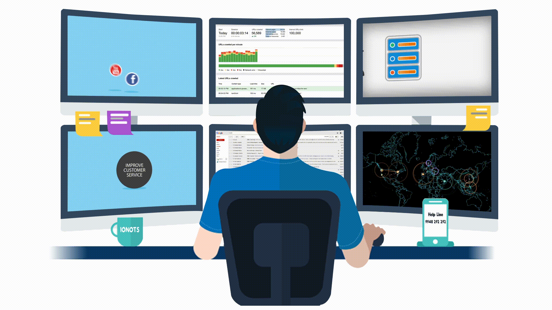 Man working on computer displaying social media