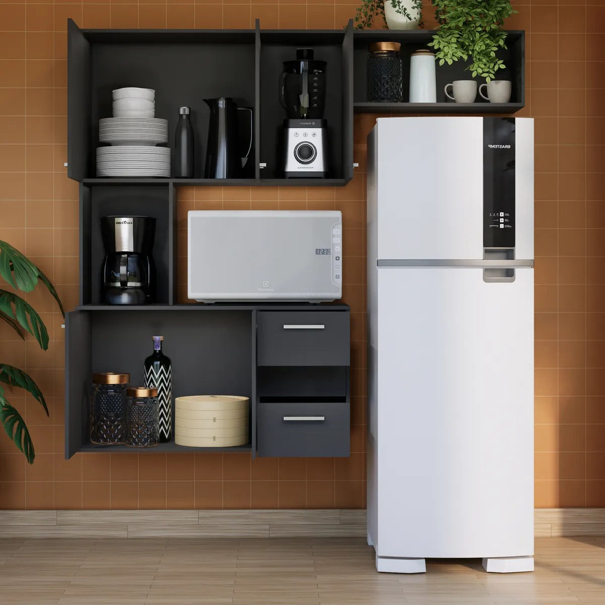 Armário De Cozinha Compacto Completo Modular Móveis Bonatto Preto