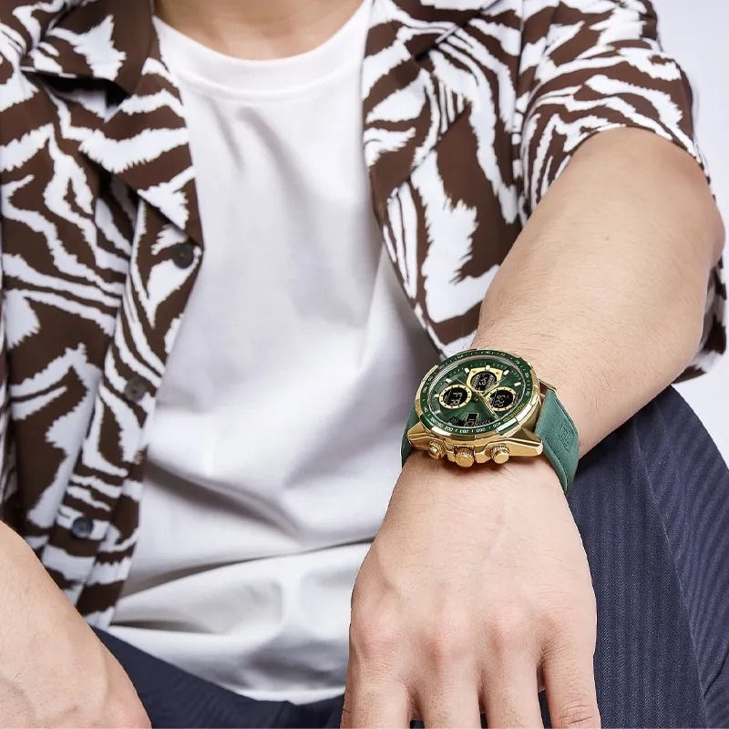 Miniatura: Relógio Masculino De Quartzo De Luxo Em Couro Dourado Verde-escuro Dourado