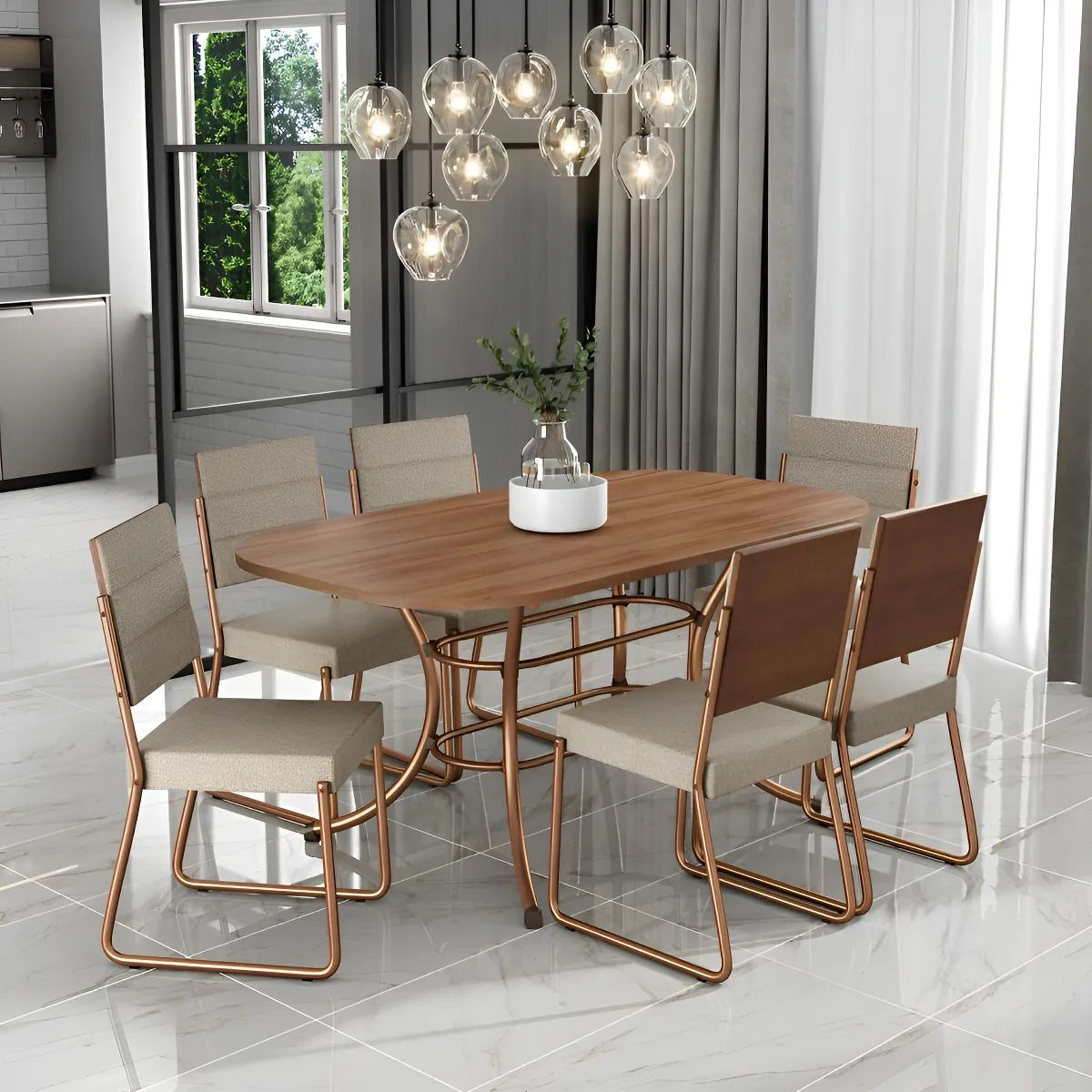 Conjunto Sala De Jantar Mesa E 6 Cadeiras Fênix Carraro Rose