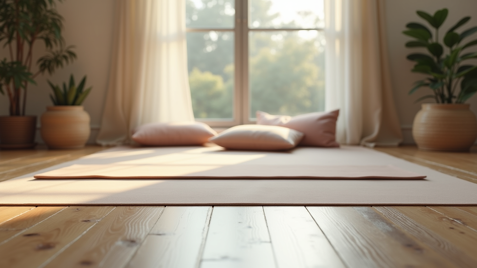 Close-up view of a calm indoor space with a yoga mat and cushions ready for breathwork