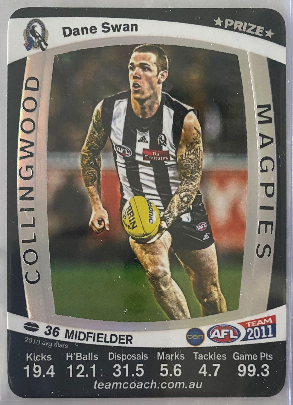 Thumbnail: 2011 AFL TEAMCOACH PRIZE CARD DANE SWAN AND ERROR CARD