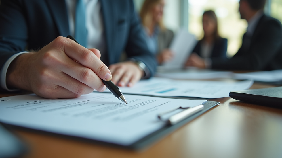 Close-up view of a business owner reviewing insurance documents