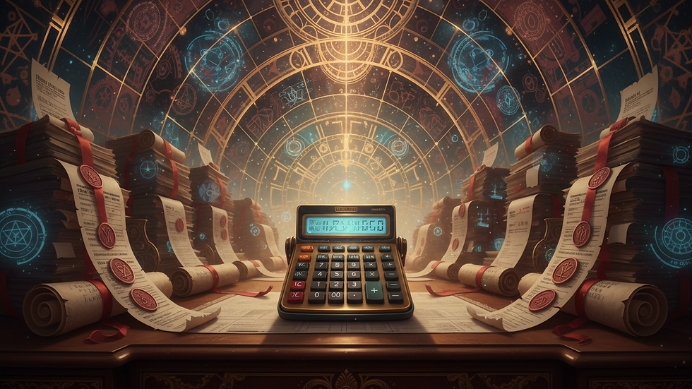 Close-up view of a calculator and tax forms on a wooden desk