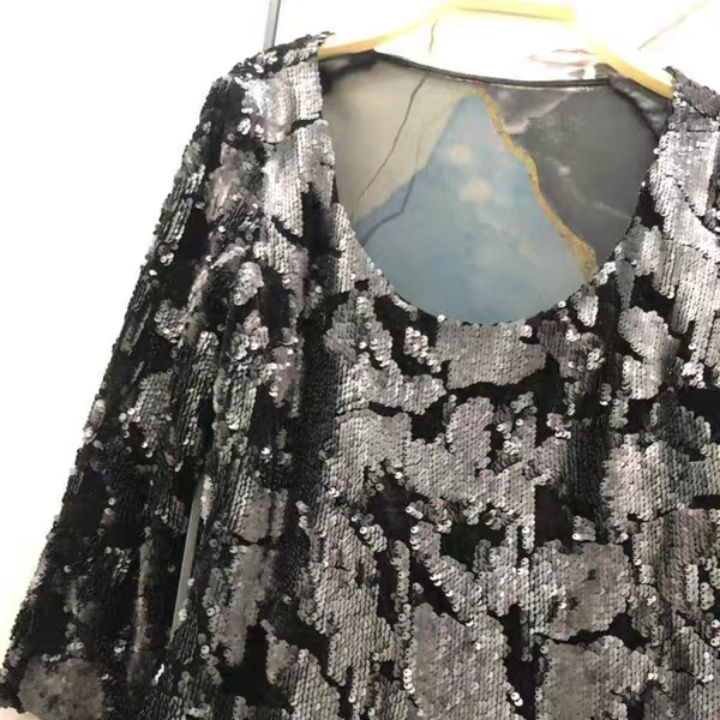 Thumbnail: Long sleeves sequins short black and silver evening dress with see through back