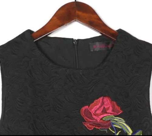 Thumbnail: Sleeveless short black cotton summer dress with rose embroidery