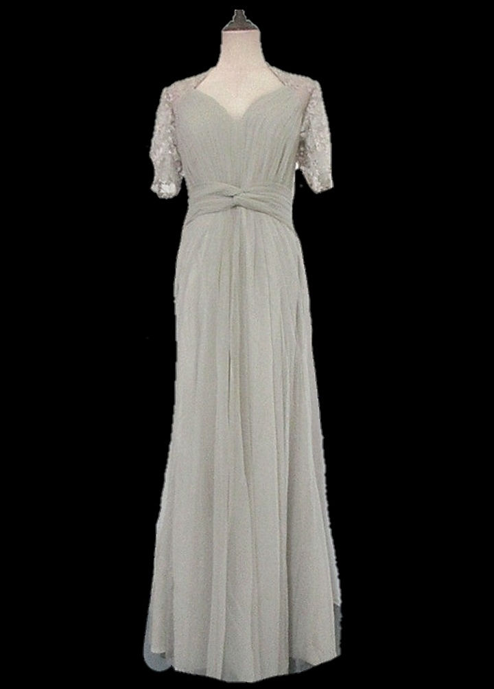 Thumbnail: Evening wear,  grey short lace sleeves maxi chiffon dress