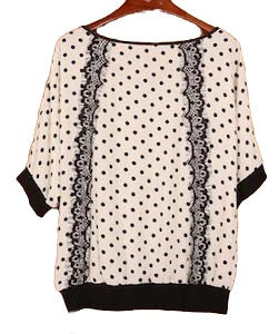Thumbnail: Womens fashion polka dots Chiffon top with lace trim