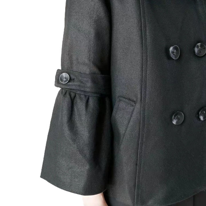 Thumbnail: Double breasted black linen jacket with bell bottom sleeves