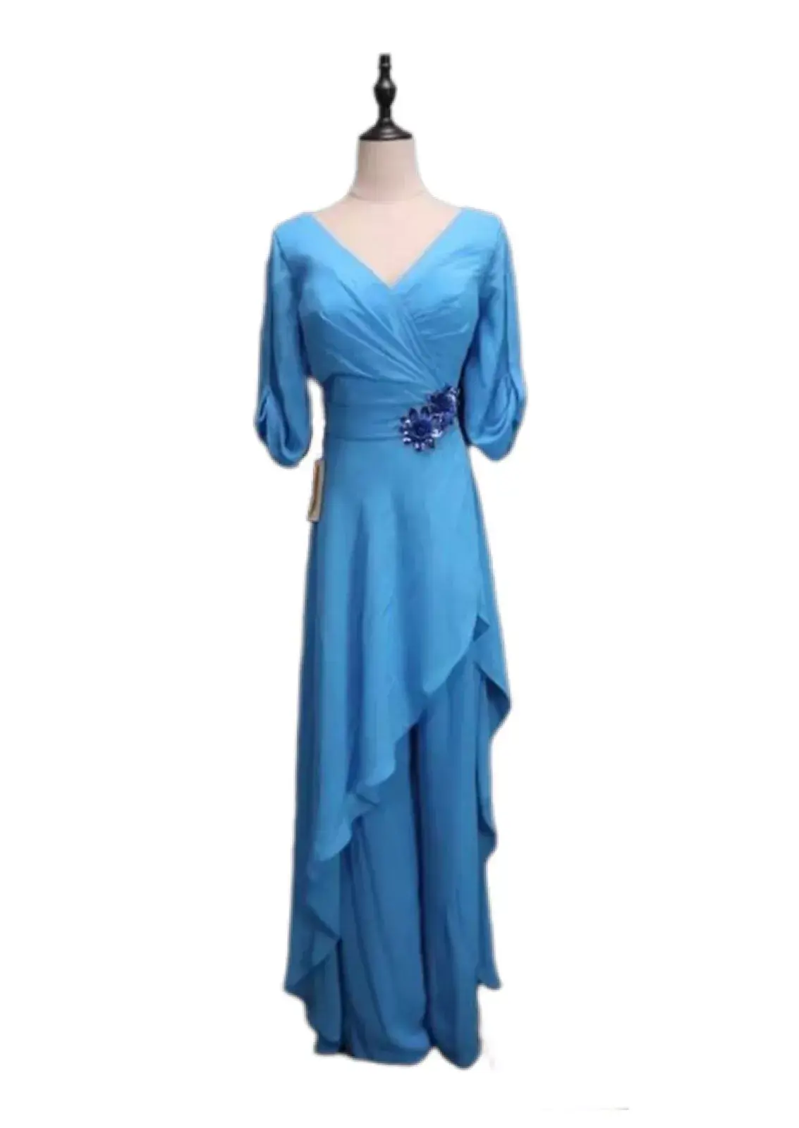 Plus size mother of the bride slimming blue dress formal chiffon dress jumpsuit