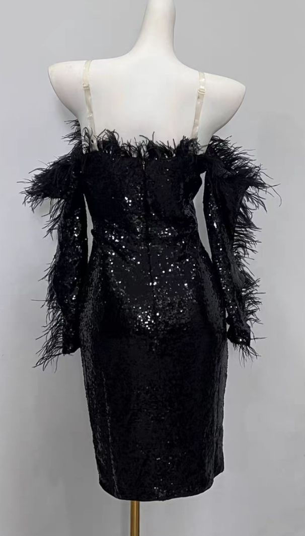 Thumbnail: Womens black long sleeves off the shoulders short formal evening dress