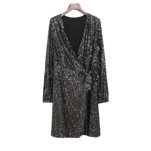 Thumbnail: long sleeves mini wrap around sequins evening dress