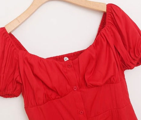 Thumbnail: Short sleeves red cotton front open summer weekend dress