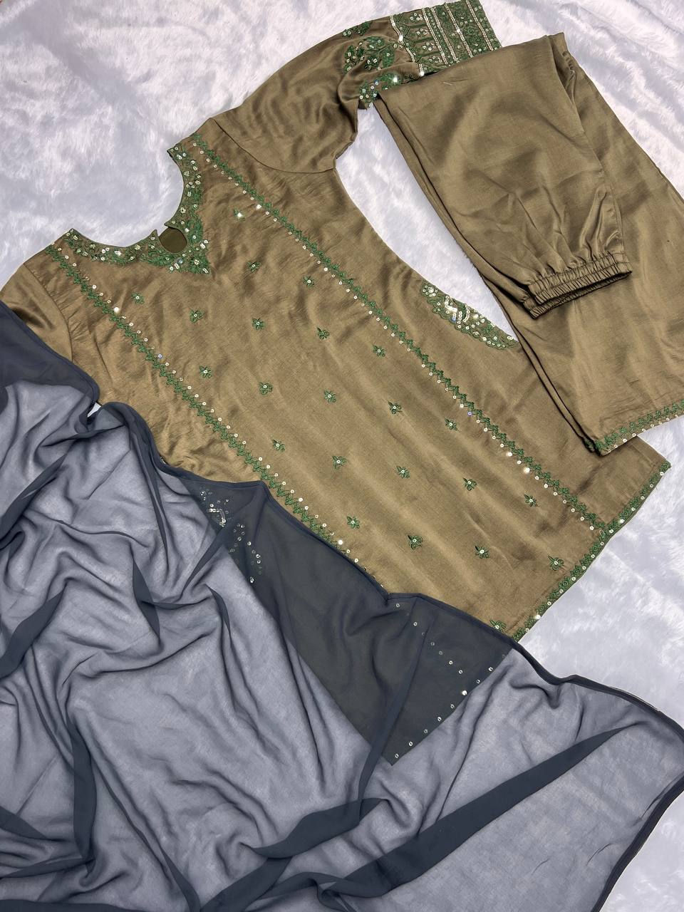 Thumbnail: Green Colour Thred With Sequince Organza Silk Kurti With Plazzo