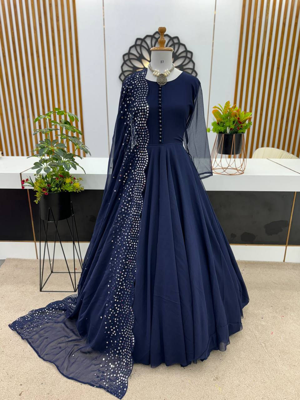 Thumbnail: Navy Blue Lucknowi Chikan Worked Beautyfull Kurta And Plazzo Set With Pearl Work