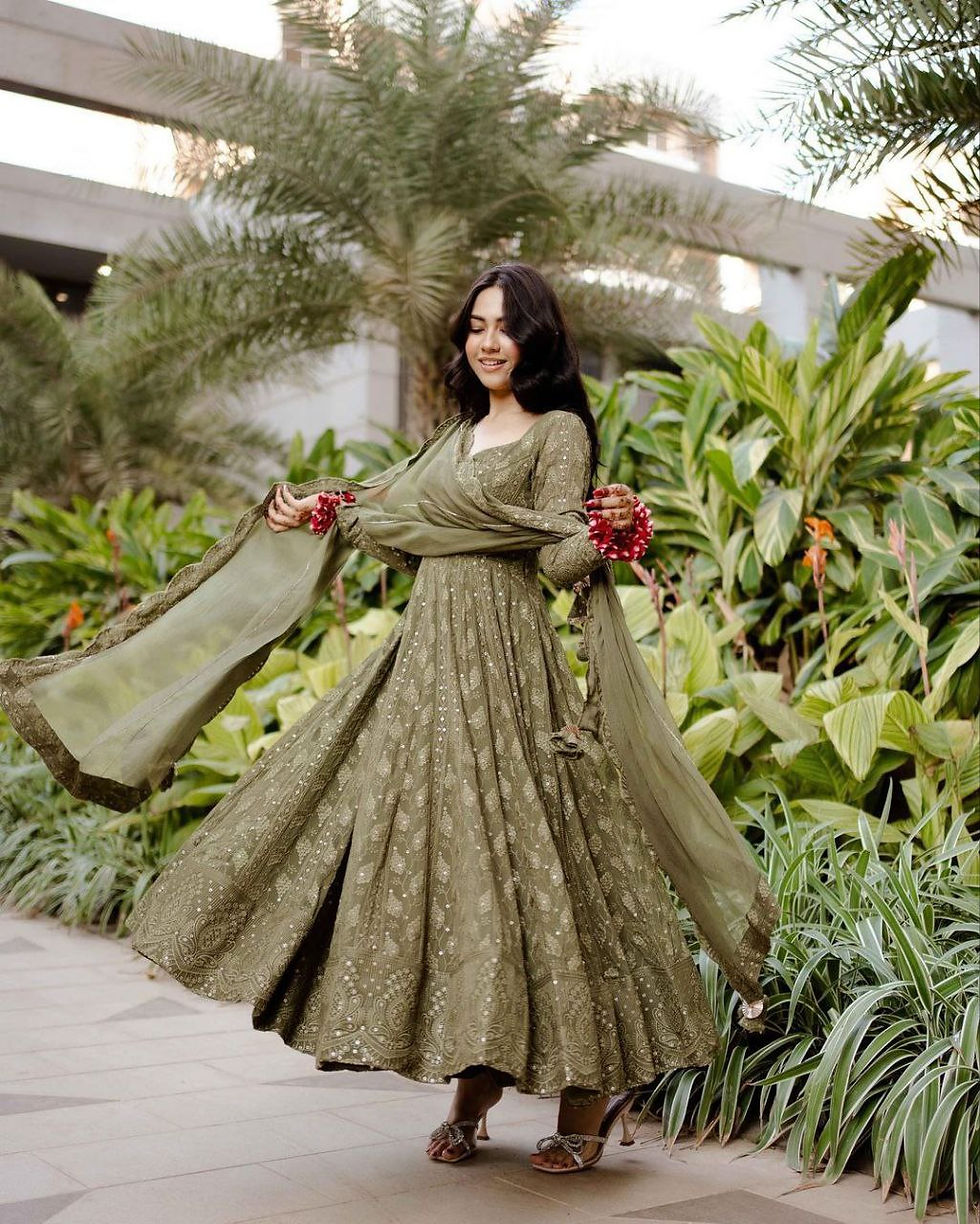 Thumbnail: Trendy Green Anarkali Gown, Full Flair Anarkali Dress With Pant And Dupatta, 3 P