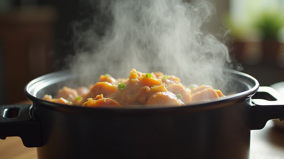 Close-up of a pressure cooker with steaming food inside