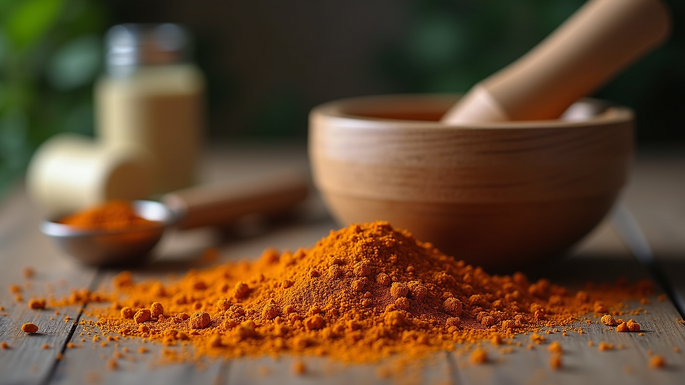 Eye-level view of freshly ground spices and a mortar