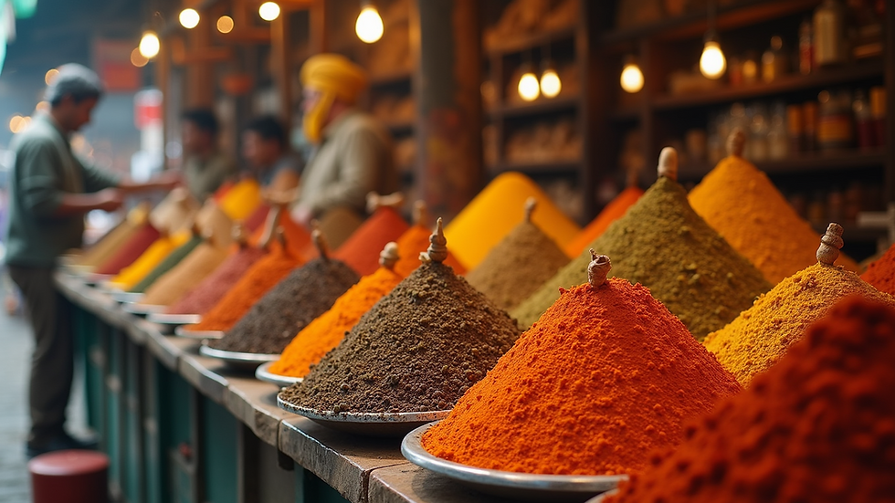 High angle view of a vibrant spice market