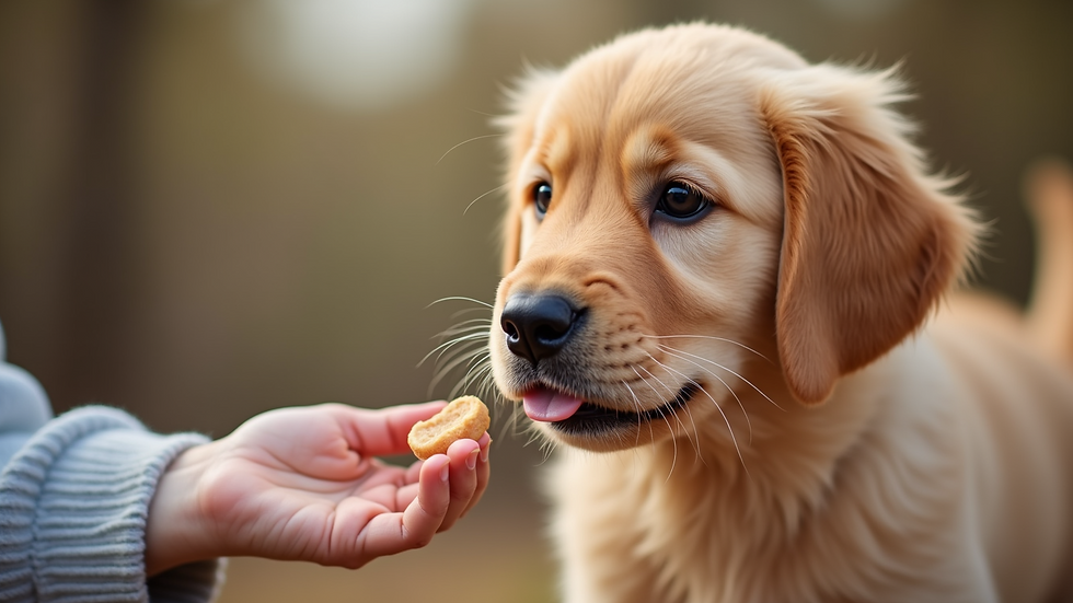 Close-up of a Golden Retriever puppy receiving a treat during training
