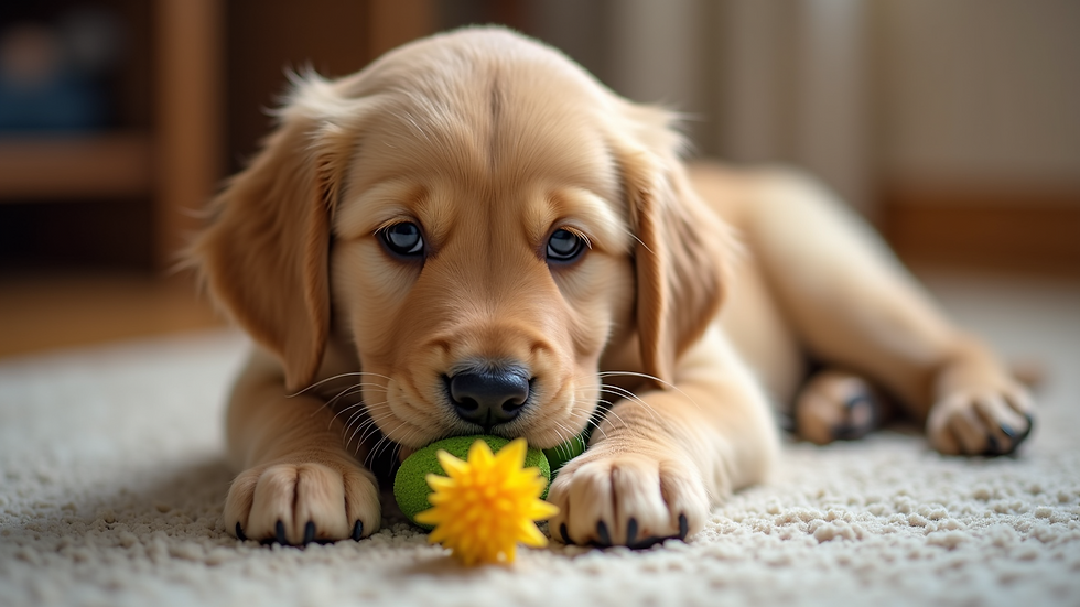 High angle view of a Golden Retriever puppy chewing on a toy