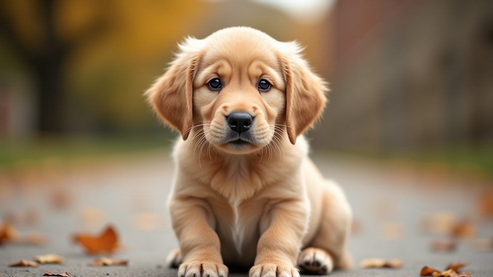 Eye-level view of a Golden Retriever puppy sitting attentively