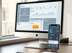 A hyper-realistic image of a sleek desktop computer and smartphone side by side on a moder