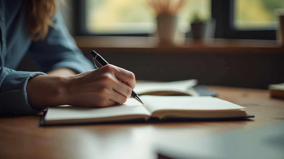 Eye-level view of a person writing notes in a journal
