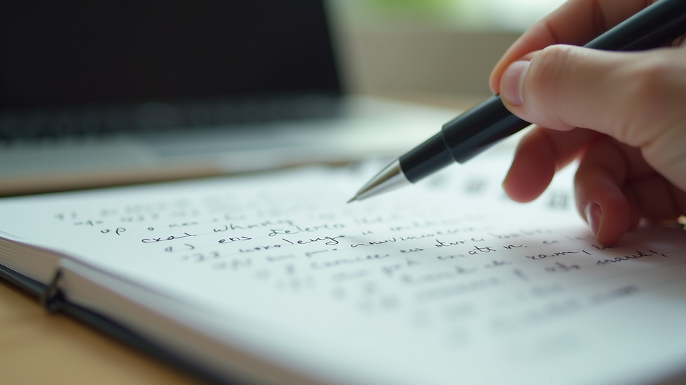 Close-up view of a notebook with handwritten notes and a pen