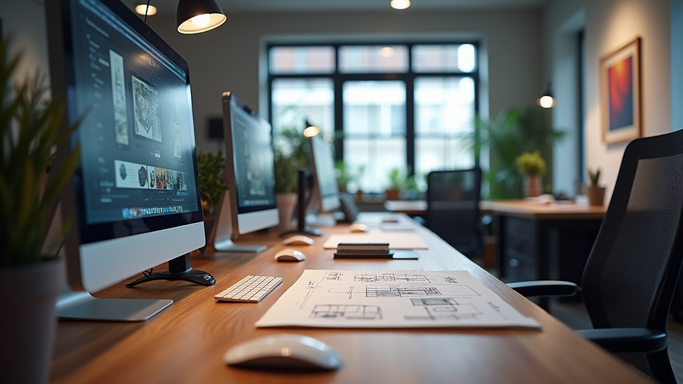 Eye-level view of a modern multimedia design studio workspace with computers and design sketches