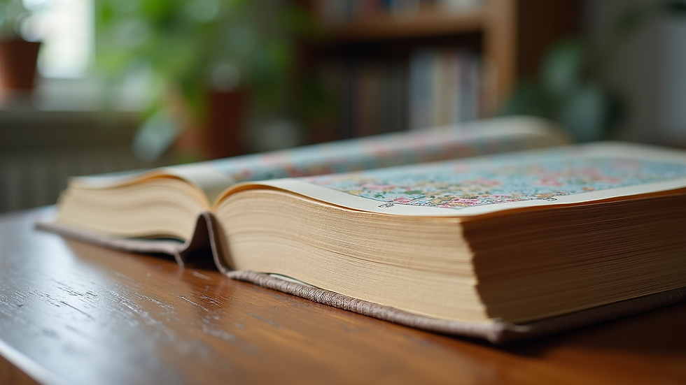 Close-up view of a printed book with a colorful cover on a wooden table