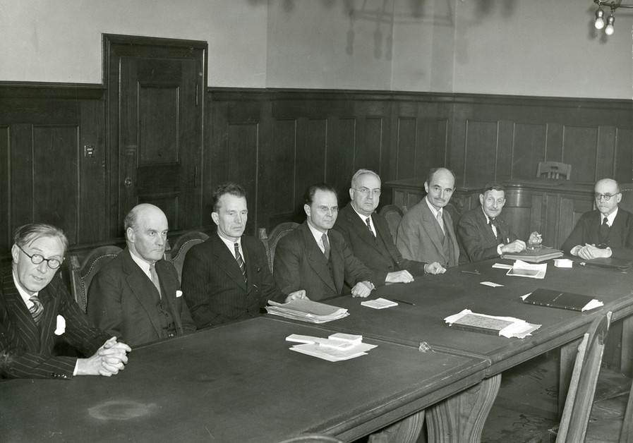 IMT judges, from L to R: Sir Norman Birkett (British alternate judge), Lord Geoffrey Lawrence (British judge and IMT Presiding Justice), Lieutenant Colonel Alexander Volchkov (Soviet alternative) Major General Iona T. Nikitchenko (Soviet main), Johnston J. Parker (USA alternate judge), Francis A. Biddle (USA main), Robert Falco (French alternate judge), John Henri Donnedieu de Vabres (French main).