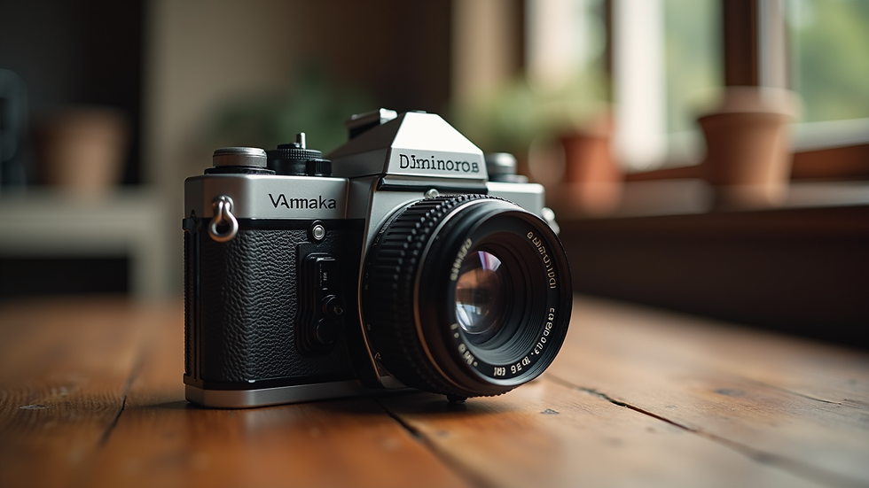 Eye-level view of a vintage camera on a wooden table