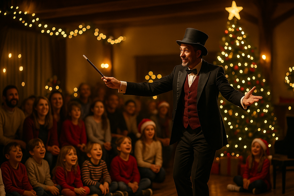 Magicien émerveillant un public familial pendant un spectacle de magie lors d’un arbre de Noël à Lyon