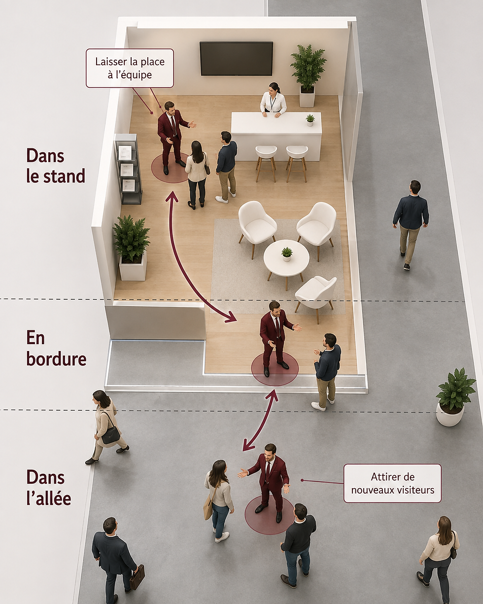 Schéma des différentes positions possibles d’une animation entre le stand, sa bordure et l’allée d’un salon