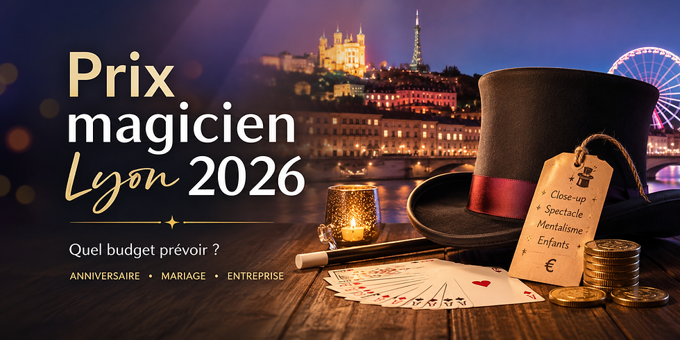 Prix magicien Lyon 2026 avec chapeau, cartes et pièces devant une vue de Lyon de nuit