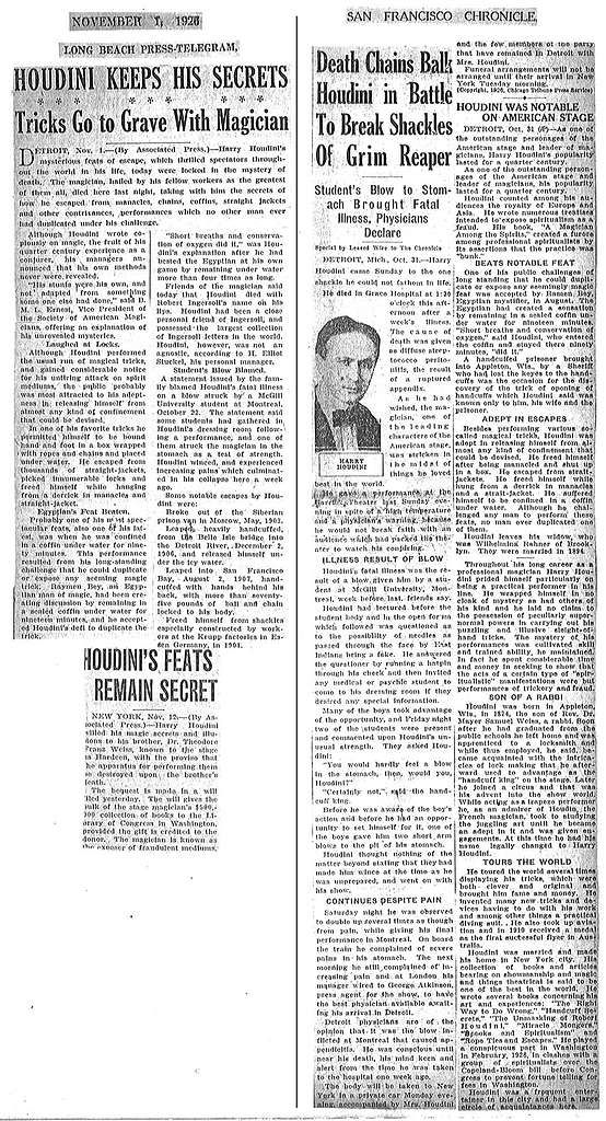 Coupures de presse américaines annonçant la mort de Harry Houdini en octobre et novembre 1926
