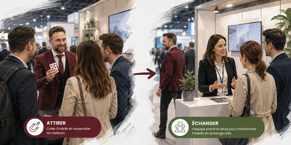 Illustration du relais entre une animation qui attire les visiteurs et l’équipe commerciale du stand