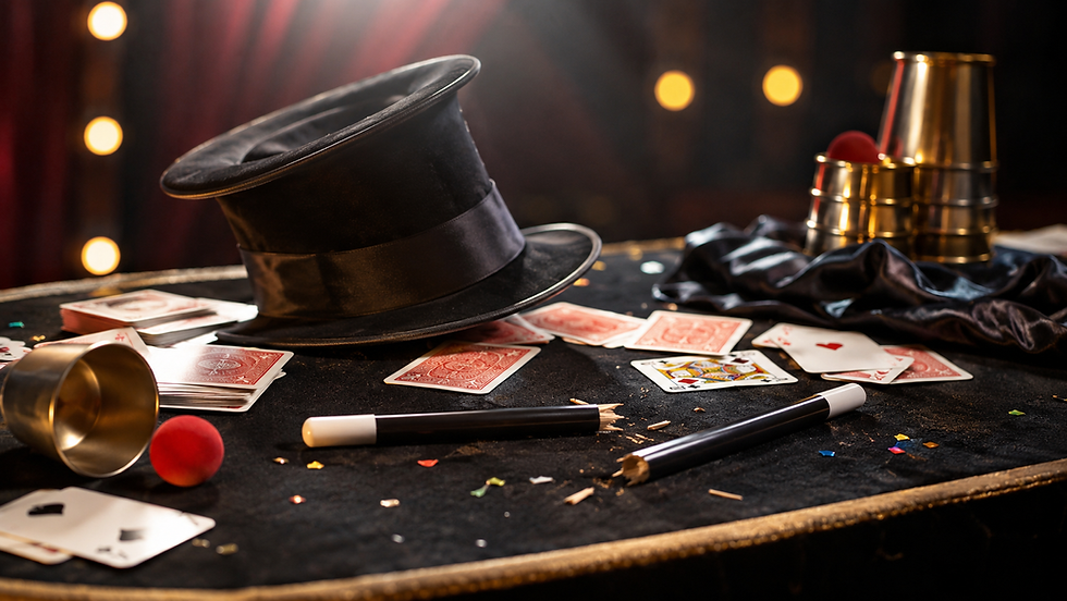 Blagues nulles de magicien avec baguette cassée et cartes en désordre