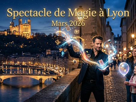 Bannière illustrant un spectacle de magie à Lyon en mars 2026, montrant un magicien réalisant une illusion devant la colline de Fourvière illuminée.