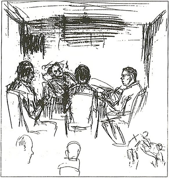 Croquis de Samuel Smilovitz représentant Harry Houdini allongé dans sa loge à Montréal avec J. Gordon Whitehead